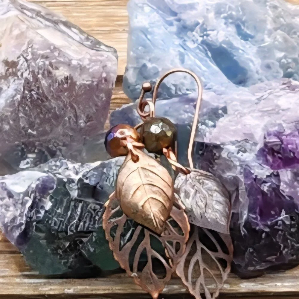 Acrylic and Copper Leaf Drop Earrings